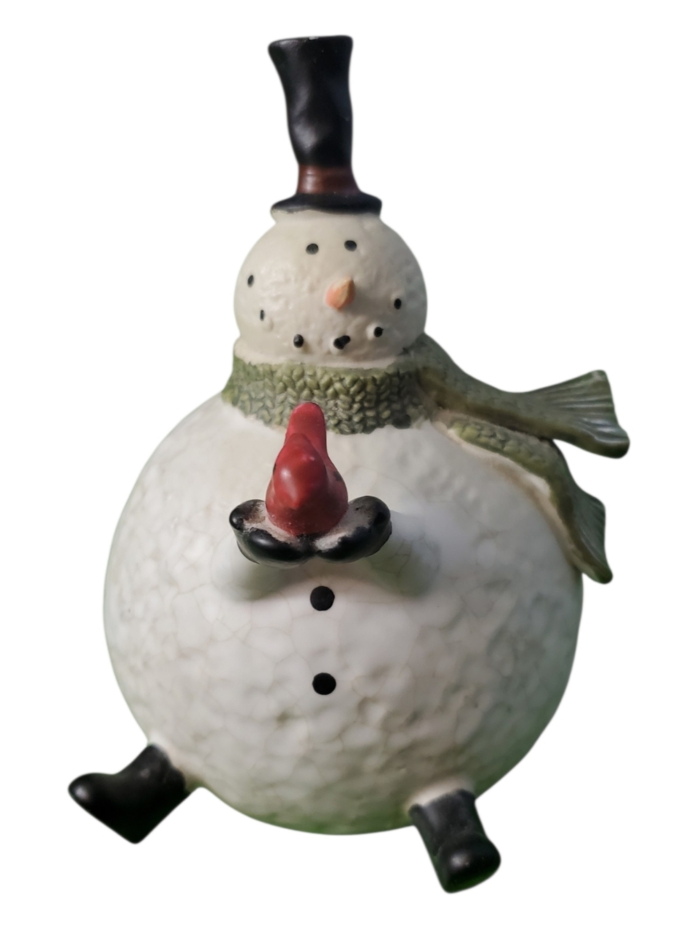 Holiday Snowman Figurine with Green Scarf and Red Cardinal